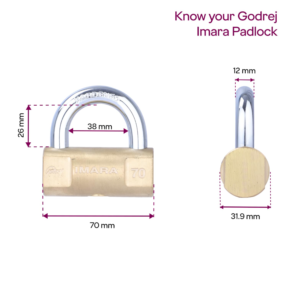  Godrej Imara 70 mm I 3 Keys I For Shutters, Grills & Main Doors I Brass Finish I  1 year warranty